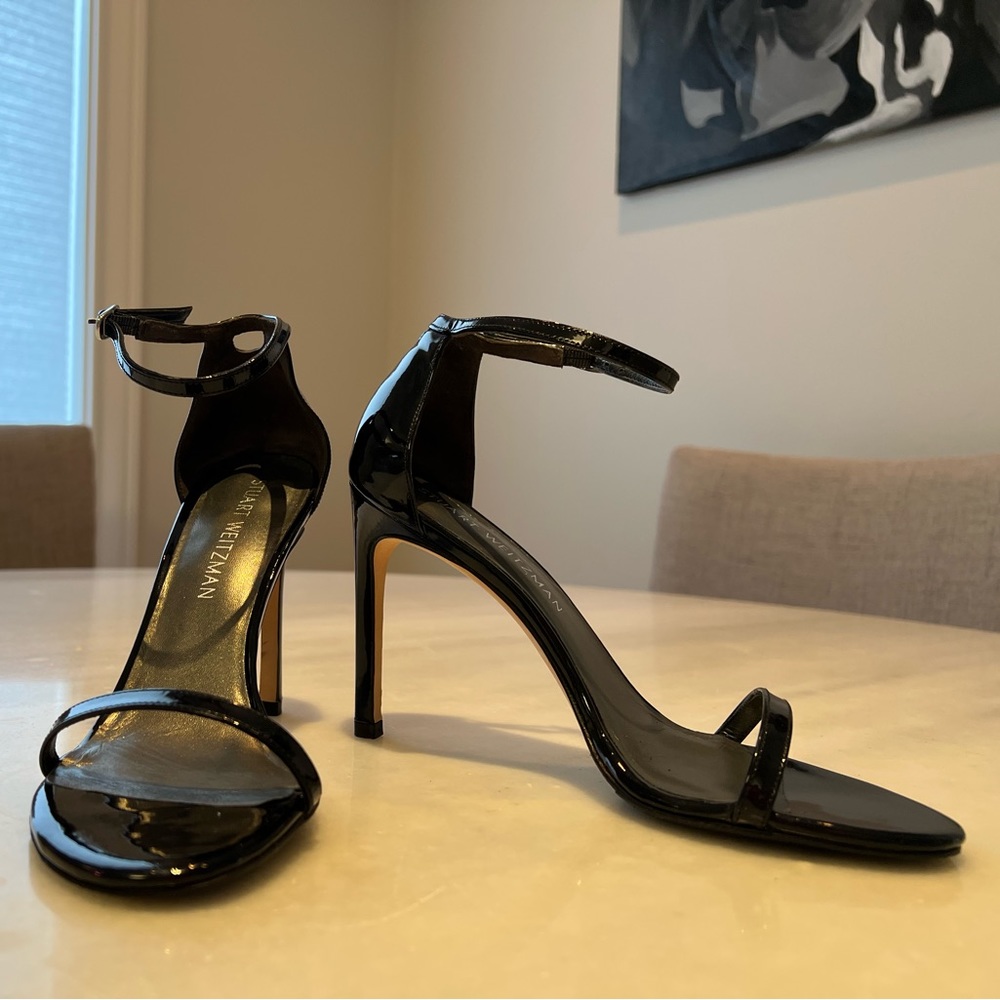 Stuart Weitzman Nudistsong Strap Sandal black patent leather 105MM 7.5 M width
